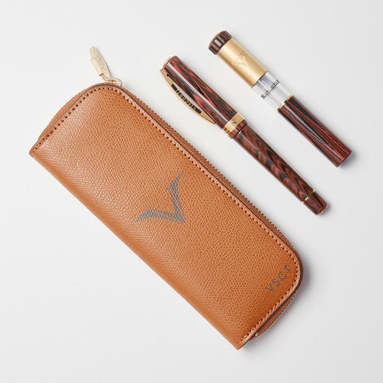 Кожаный чехол для двух ручек VSCT на молнии цвет коньячный