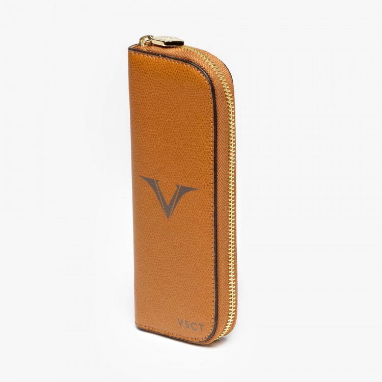 Кожаный чехол для двух ручек VSCT на молнии цвет коньячный