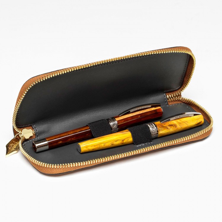 Кожаный чехол для двух ручек VSCT на молнии цвет коньячный