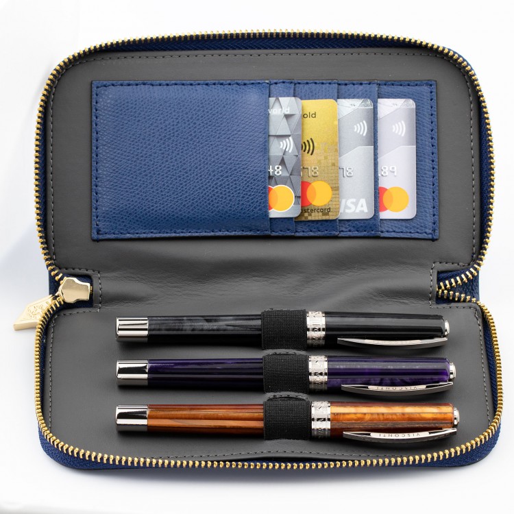 Кожаный чехол для трех ручек VSCT на молнии с держателем для карт цвет синий