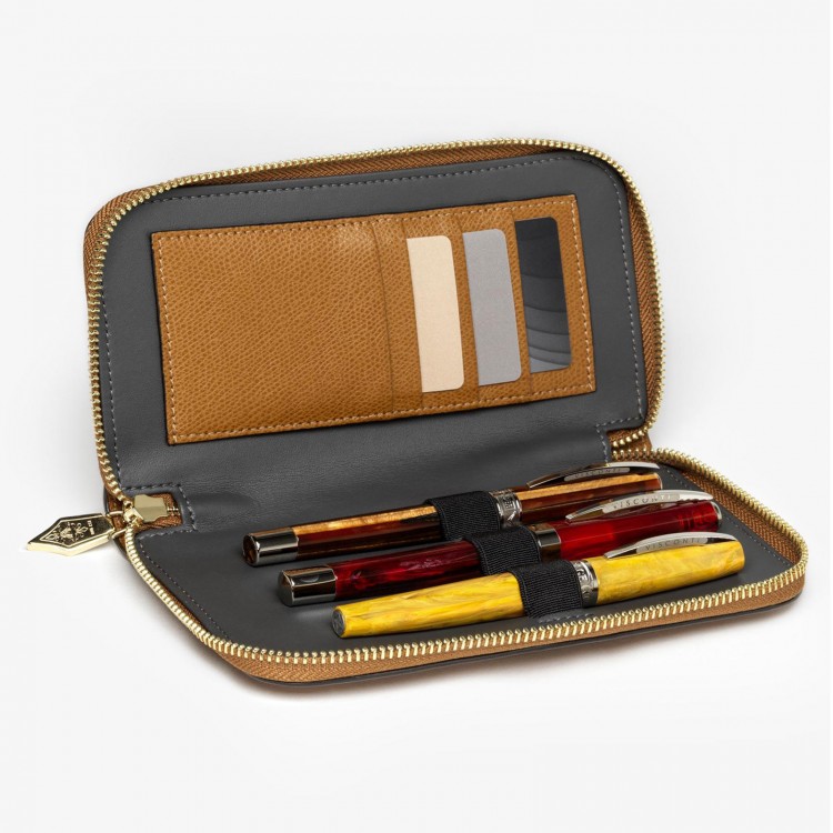 Кожаный чехол для трех ручек VSCT на молнии с держателем для карт цвет коньячный